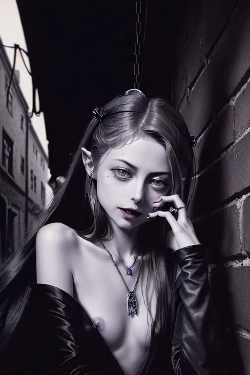 20 year old ((Willa Holland)), vampire, sharp teeth, (long fangs), long flowing hair, dark 1800s alley, highly detailed facial image, 64k image, nude, pendant around neck,