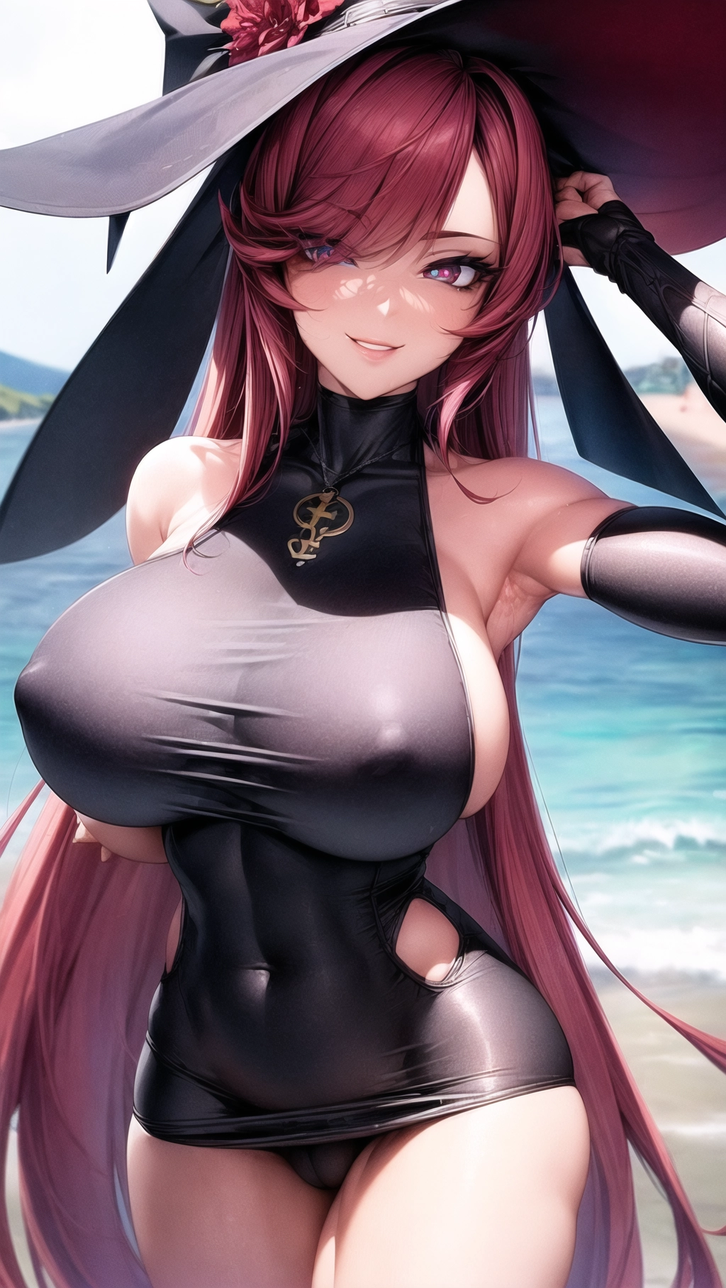 Beautiful, masterpiece, ((((8K resolution)))), hyper resolution, ((beach backdrop)), (1girl), solo, female focused, face focus, extreme face details, waist up shot, close up shot,
A beautiful (witch) wearing a long skintight dress with a huge butt, massive butt, round ass, big boobs, smug, smug smile, belt, heavy breasts, hanging breasts, athletic body, seductive face, seducing viewer, thick thighs, (((absolutely massive breasts))), skinny waist, long eyelashes, wide hips, red hair, bright pink eyes, ((((hyper detailed eyes)))), perfect hair, <lora:dpmg_add_detail:1>