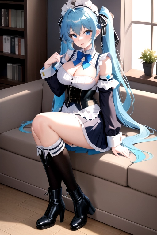 long hair, pale skin, blue hair, blue eyes, black choker, giant H-cup breasts, wavy hair, white maid uniform, smiling, full body photo, 28 years old, miniskirt, cleavage, high heels, corset, 8k quality, boots, in living room, pigtails