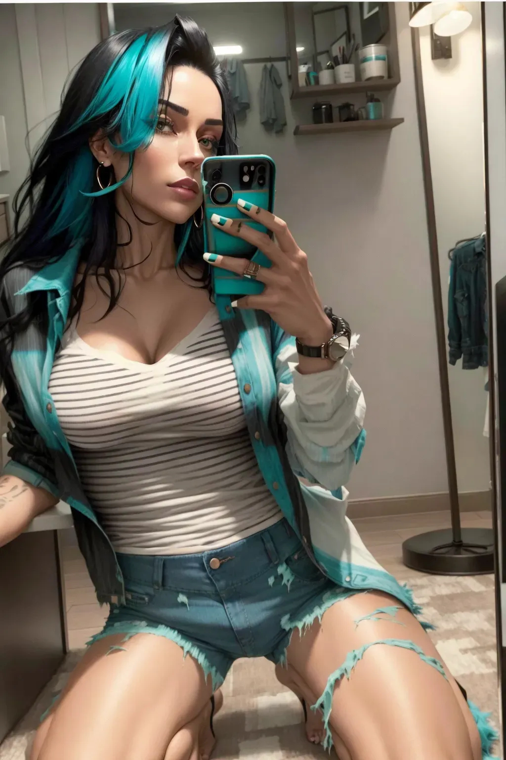 Black hair with teal highlights, striped shirt, mirror selfie, iPhone, on her knees, ripped jeans, torn clothing,
