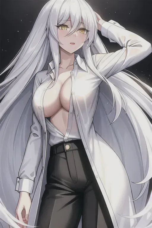 long white hair, yellow eyes, long eyelashes, unbuttoned shirt, uplifted squirt, com on pussy, creampie