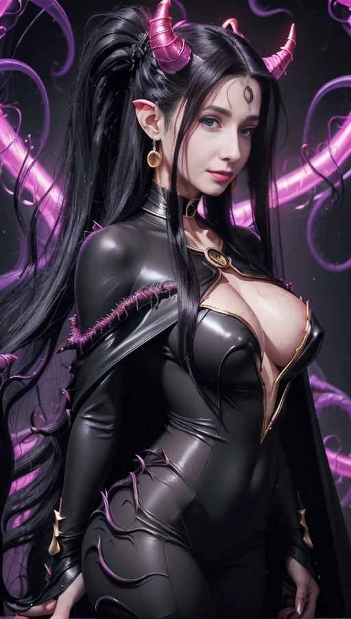 best quality, (((ultra high res))), (((detailed face and eyes))), ((perfect face)), (big shining heart choker), earrings, jewelry, (conjuring), witch, ((very long voluminous hair)), (((black hair))), (((huge golden hair cuff))), ((((black skintight neckholder)))), ((((face closeup)))), ((((lipstick)))), ((black long sleeves)), ((purple glowing heart)), (((demon mark))), ((((straight hair)))), ((pink luminescence)), (((huge boobs tendrils))), (((symbiote girl))), ((((black demon horns)))), (((((very very long hair))))), (((perfect face and eyes))), (((straight hair))), (((symbiote goo skin))), ((((face very close)))), (black spikes), ((((single ponytail)))), ((((cape tendrils)))), (((((living alien suit with tendrils))))), (((tentacles))), (pink hair)