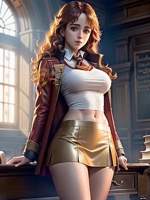 a highly detailed digital photo, realistic photo, a young woman, Hermione Granger, (accurate face), wearing a sexy Gryffindor uniform, tight white shirt, open jacket, short skirt, large breasts, toned body, long toned legs, sexy smile, in Hogwarts classroom, five fingers per hand, erotic, beautiful face, full body view