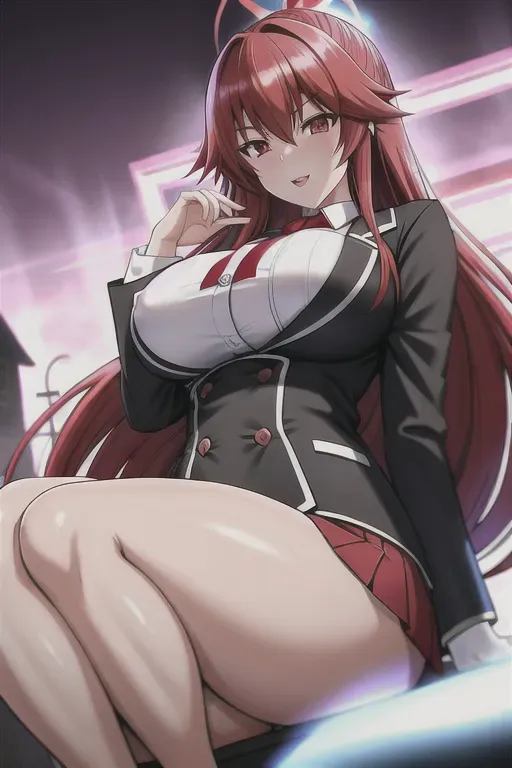 a photo shot of, Rias Gremory , Japanese high school uniform, nipples showing , kneeing, in front of a spooky house,big breasts,five fingers per hand,fishtail red hair,gorgeous face,beautiful lips,red eyes,curved eyebrows,curved eyelid,tan skin,joyful,tattoo,cinematic lighting,cgsociety,unreal engine,ultra realistic,studio lighting