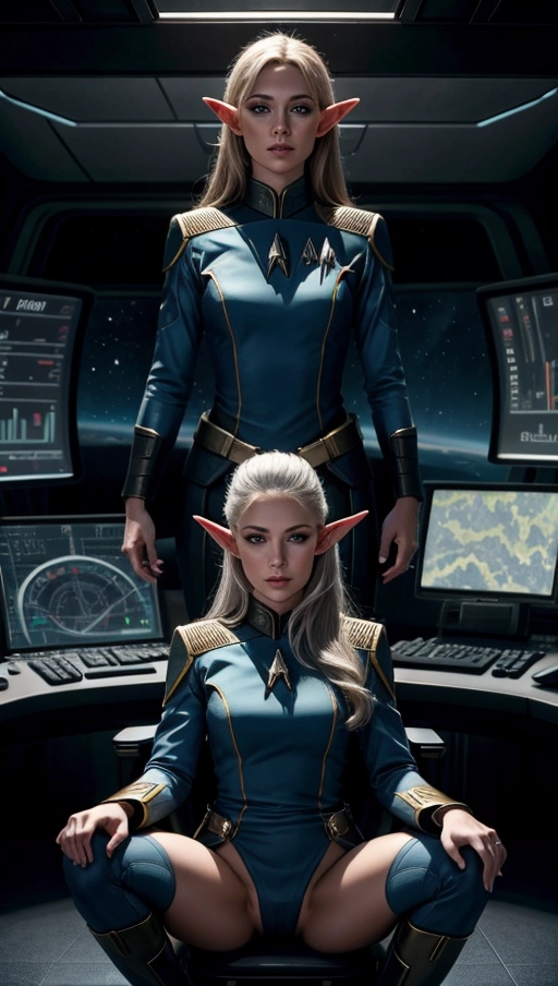 (1 man), (1 hot elf woman (26)) in ((tight Star Trek outfit)) ((in Enterprise command deck)), (((<lora:dpmg_pov_cowgirl:1>))), in commandant chair, highly detailed, <lora:dpmg_add_detail:0.5>, computer screens and command controls all around, ((ultra-detailed (blue:1.2) eyes)), perfect hands, (opened mouth:0.8), sex pov, exposed pussy with (pubic hair:0.6), cock in pussy,
cinematic lighting, cinematic composition, UHD, HDR, vivid colours, (highest quality:1.8), highest resolution, (photorealist:1.72), (photorealism:1.72), (masterpiece:1.18), --s 250 --v 6