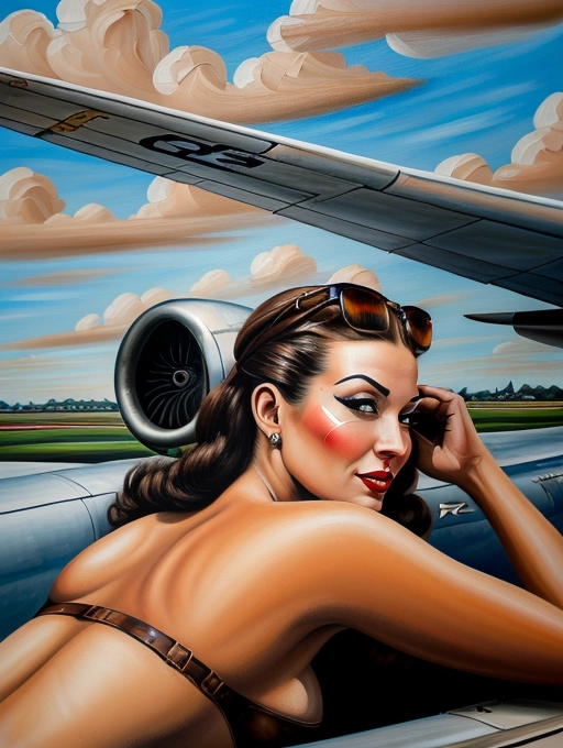 (((2D painting of a female painted on the skin of an airplane))) Painting of pin up girl on nose of B-17 flying fortress, WW2 B-17 Bomber nose art, World War 2, Flying in the clouds, ass cheeks facing camera, Aviator sunglasses, Leather World War 2 bomber jacket,