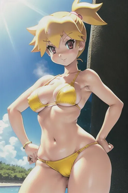 misty, Nintendo, yellow bikini, futanari, small breasts, standing, dickgirl, solo, shemale, pretty face, huge penis,