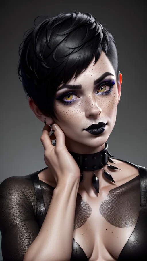 photorealistic, 8k, accurate face, (((detailed face))), (((replicate inspiration face))), freckles, black lipstick, short pixie haircut, collar, black hair, male body, female face,
head tilt, <lora:dpmg_skirt_tug:1>, black panties, black skirt