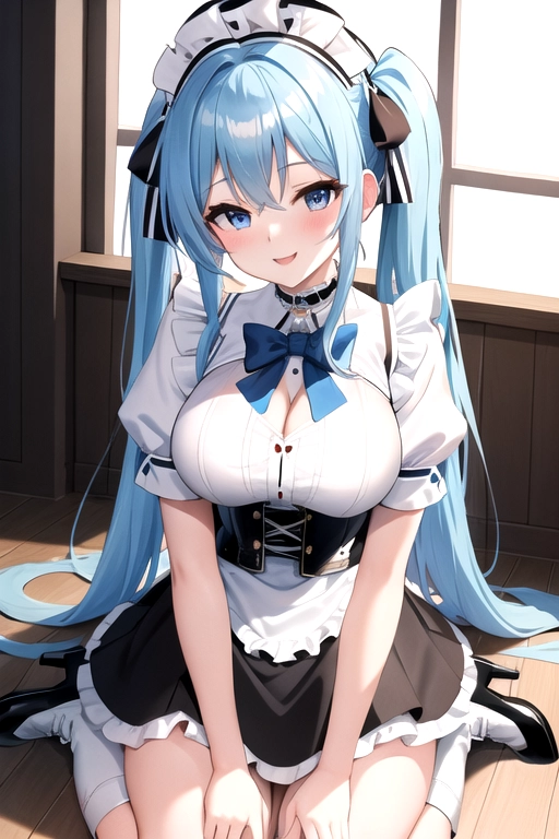 long hair, pale skin, blue hair, blue eyes, black choker, giant H-cup breasts, wavy hair, white maid uniform, smiling, full body photo, 28 years old, miniskirt, cleavage, high heels, corset, 8k quality, boots, in living room, pigtails