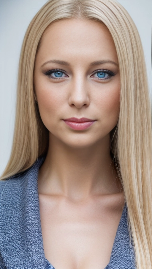 A close up high resolution picture of a beautiful Polish American woman, blonde hair, thin pointed nose, smooth nose bridge, ((natural bags and circles under each eye)), blue eyes, (very thin eyebrows),