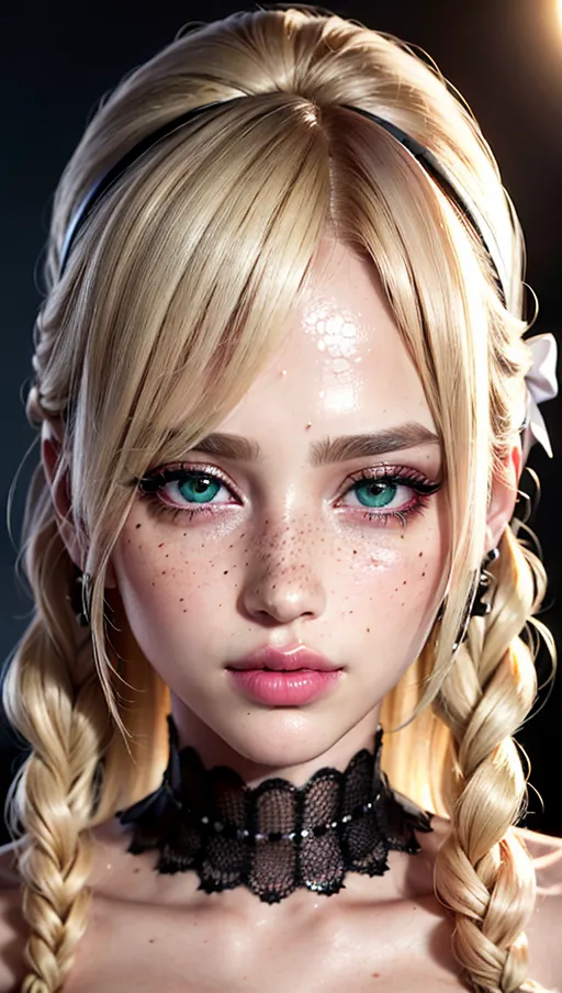 photorealistic, 8k, accurate face, (((detailed face))), (((replicate inspiration face))), freckles, green eyes, blonde hair
, female face, cute, gorgeous,luxuriously long hair,pink lipstick,pink eyeliner,black eyeshadow, parted bangs,lingerie, white bow,plastic twists