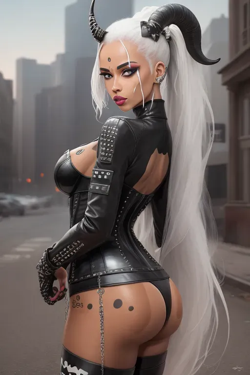 (photorealistic), (realistic), (best quality), (masterpiece), (pale colors), ((detailed facial features)), ((SFW)), ((a fully dressed African black woman with horns)), ((anorexic skinny body)), ((huge heavy boobs)), ((plump bimbo lips)), ((small skinny butt)), ((thin skinny thighs)), realistic face, realistic eyes, anorexia, abs, ribs, pelvic bones, ((skin colored black and white spots)), ((black and white spots on skin)), (vitiligo skin), (outdoor setting), (white body paint), white body art, tan lines, matte skin, dalmatian pattern, zebra pattern, cow pattern, piercing, wings, (multiple tattoos), piercings, metal jewelry, body jewelry, fetish, metal, fishnets, spiked leather, chains, latex, goth, punk, dirt, fishnet, ornaments, cow print, zebra print, bimbo, white hair, ponytail hair, long hair, shaved head, bald head, bra, corset, bodysuit, catsuit, long skirt, (leather pants), tights, leggings, long dress, coat, jacket, cape, spikes, leather belts, high heels, 5 fingers on hands, 2 hands, 2 arms, 2 legs, 2 breasts, city background, ruins in the background, warzone in the background, night city in the background, winter forest at night in the background, insects, centipedes