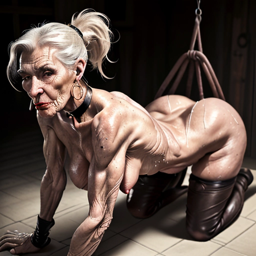 Old skinny sexy granny, ponytail up tight, dripping with sweat, being fucked by young man with huge cock, begging to be fucked, very old wrinkly skin, extremely puckered wrinkly old mouth, beauty spot, extremely anorexic, very old wrinkly skin, extremely loose papery skin, being fucked from behind, very large hook nose, wrinkled old neck, extremely wrinkly with deep sun lines, sweat dripping from face, bent over ready to fuck, slightly wicked looking face, extremely skinny body, very high defined cheekbones, very red lipstick, huge low hanging pussy lips, BDSM leather collar around neck, huge steel hoop earrings, hair tied up very tight in ponytail, extremely old wrinkly skin, huge obviously fake tits, naked, heavy black eyeliner, extremely old and skinny, wrinkly body, pale, on all fours, fucked from behind, cum face, being fucked in ass with gigantic cock