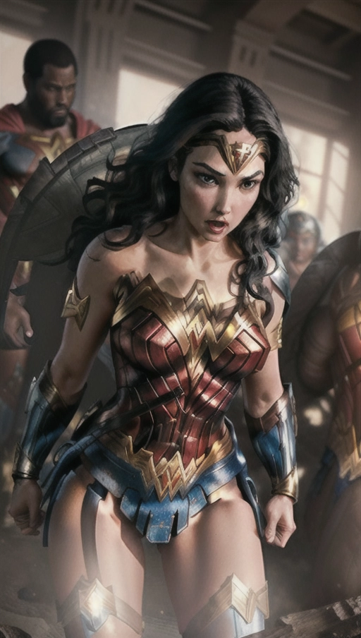 an explicit depiction of ((Wonder Woman getting fucked by a huge black man)), 1 female, 1 black male, spectators, cum oozing between her legs, cum on her moth, interracial, tears in her eyes, bruises on her arms