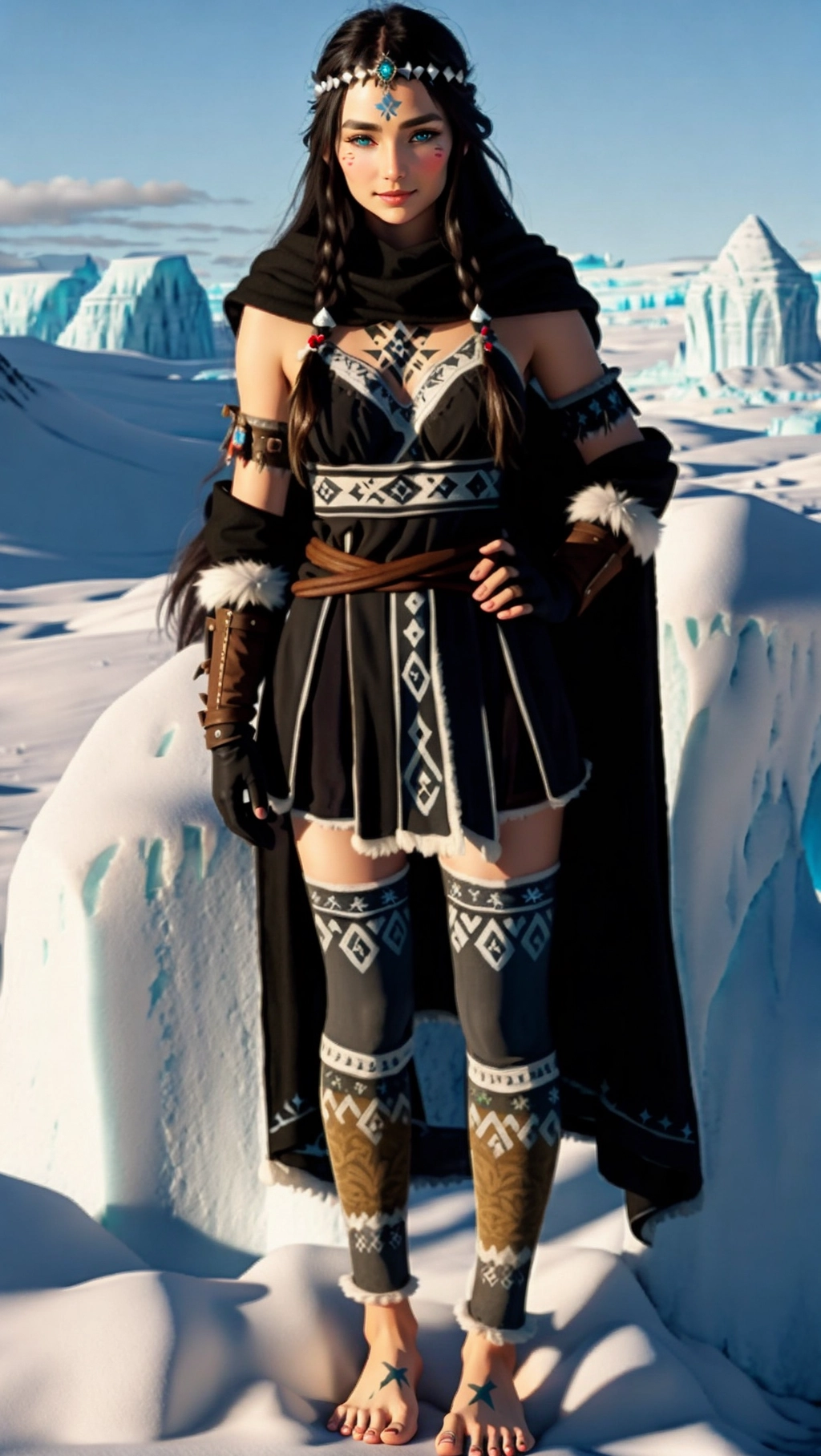 full-body image of a fit tan thin beautiful barefoot German adventurer woman with long hair wearing medieval adventurer attire while exploring an icy tundra, (beautiful petite feminine feet: 1.2), (barefoot: 1.3), (wearing black medieval adventurer attire: 1.2), (long dark hair: 1.2), (German woman: 1.3), (icy tundra: 1.3), (black toenails: 1.2), (gloves: 1.2), (tights: 1.2), (enchanted markings on feet: 1.4), (sassy smirk: 1.2),