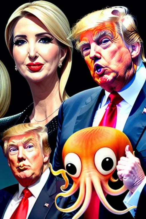 Excited face of Donald Trump on the body of an octopus with tentacles trying to grab flying pussies, and in the background Ivanka Trump trying to grab the attention of Donald Trump by waiving a picture of her own pussy