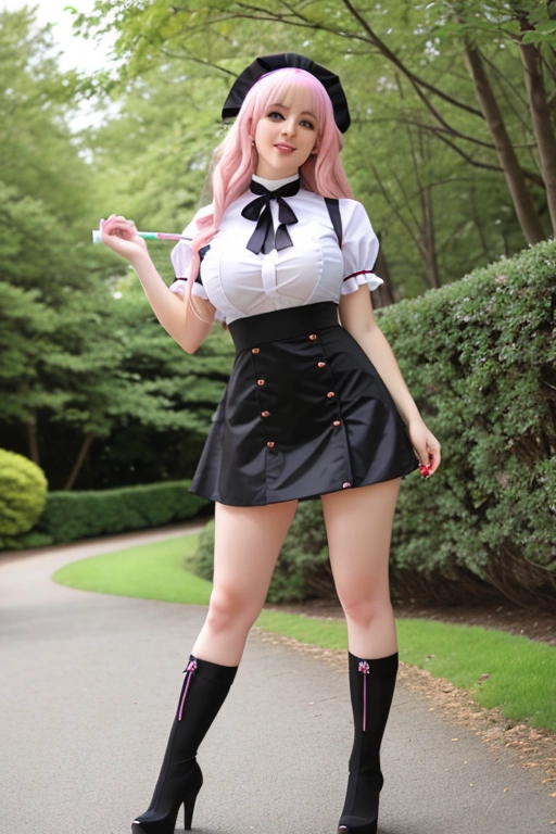 long hair, pale skin, pink hair, blue eyes, black choker, giant H-cup breasts, wavy hair, maid uniform, smiling, full body photo, 28 years old, miniskirt, cleavage, high heels