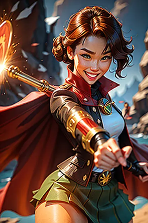 sam yang, best quality, masterpiece, 1girl, detective female guardian of the earth, Sergeant rank , green checkered inverness cape , detective clothing female sherlock holmes , detective equipment on, disney princess messy short brown hair, green bright eyes , athletic build strong and fit bodytype in prime , leader of the team headstrong looking , wearing skirt with white accent, lava rock bending , lava powers , grinning golden smile, single golden fang, anime digital art ((masterpiece)) <lora:dpmg_sam_yang:1>