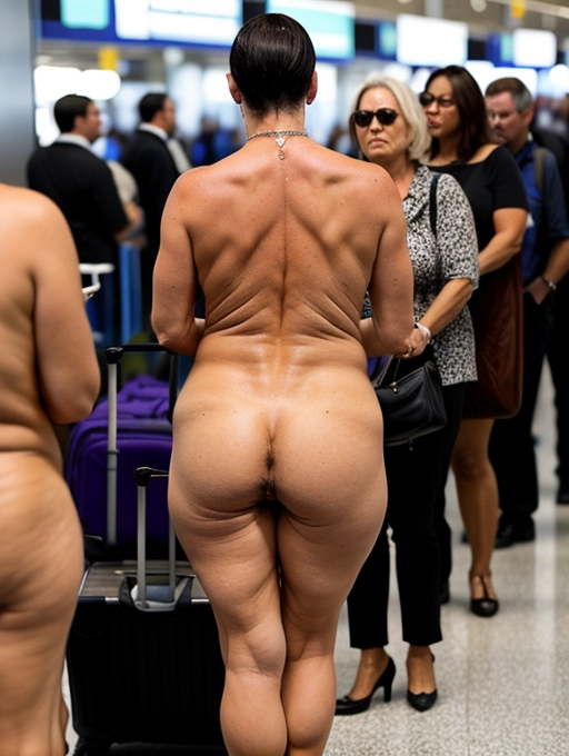 a naked middle aged lady casually shows off her dirty asshole while waiting in line at an airport