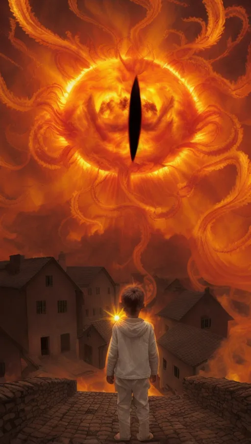 (the sun erupts with solar flares shaped like tendrils),
(The village beneath is on fire),
(A boy wearing white stares up at the eye in the sky),