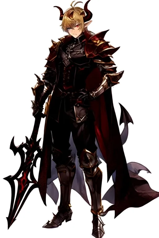 (masterpiece:1.2), (best quality), (ultra detailed), (8k, 4k, intricate),(full-body-shot:1), (highly detailed:1.2),(detailed face:1.2), best quality, masterpiece, solo, solo guy male tiefling, bright golden brown yellow hair, heterochromia, green eye, red eye, determined look in eyes, golden brown color hair, curled horns devil, hell armor, ,red horns, holding battleaxe, shield, chrome shiny battleaxe, androgynous haircut, imp demon , dark paladin, chain main shirt, battle axe wielder, warrior, knight of hell, demon tiefling, hell red power, curled horns, illrigger, armored, 1 male tiefling only, demon, flat chest, posh , leather armor, well groomed, elf ears , jackal imp creature , horns, armored jacket, solo, sharp jagged tail, humanoid, masterpiece, colorful shirt, short length hairstyle single strand of hair curls on top of head, antenna hairstyle imp demon, ,cute look in eyes, imp demon , heterochromia, masterpiece anime style