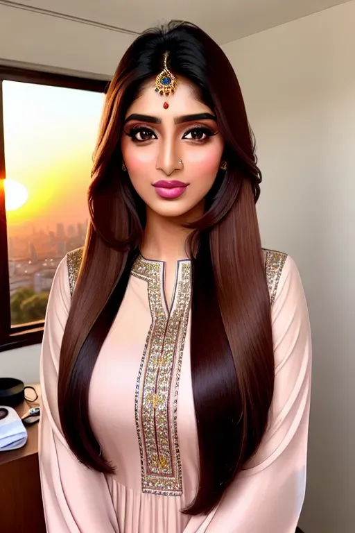 Uk Pakistani Girl, Brown girl, sexy makeup, big lips,silky hair, straight hair,wide nose, long brown hair, hazel eyes, high quality, pastel shalwar kamees, instagram selfie, skin detail, tingue sticking out, sunlight, giod lighting,sunset, iphone 14 quality
