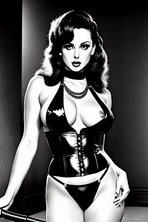 Ultra Realistic black and white illustration of the beautiful Danni Minogue as a dominatrix from the Spider Garden with ((exposed breasts and bottom)) wearing black leather cupless bustier while mostly naked and carrying a whip, pop art, in the style of Michael Manning, mm-art, beautiful body, perfect body, slinky, dramatic, add silk to clothing, topless, nudity, NSFW, erotic, sexy, cinematic lighting, ((topless))