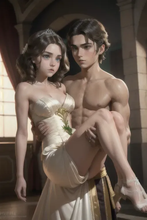 1girl, 1boy, princess carry, wedding dress, groom, brunette hair, <lora:dpmg_princess_carry:1>, masterpiece, best quality, highly detailed, green eyes, perfect face, French German ethnicity, nude bride