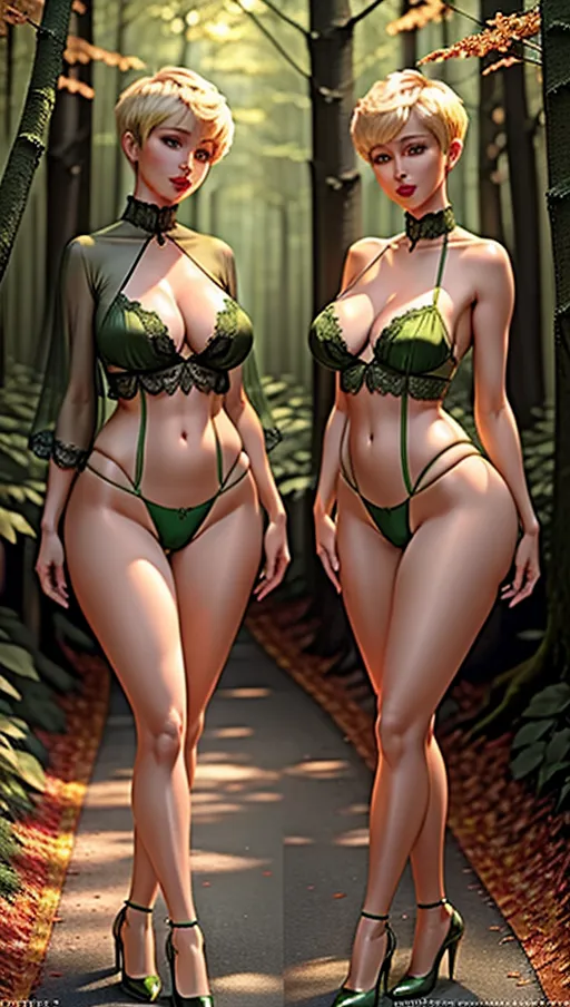 nsfw, high detail, forest city, detailed background, full body photo of, twins, mature, slim figure, large breasts, long slender legs, blonde pixie haircut, glowing green eyes, beautiful face, beautiful lips, red lipstick, realistic, green lingerie, standing