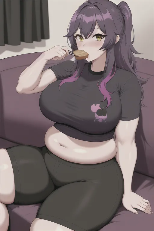 UHD, 1girl, milf, onee-san, cocky, sitting on couch, eating, snacking, black gray shorts, bright purple t-shirt, very fat, big belly, muffin top, chubby, wide waist, overwight, obese, growing, too fat, weight gain, anime style, vibrant colors, bright colors,