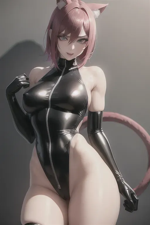 stoya, oiled wet, futuristic, wet, fishnet, stockings, sideboob, unzipped, visible breasts, black LATEX swimsuit, looking at camera (((ATHLETIC BODY, slender build, skinny body, thin))), short pink hair, beautiful face, beautiful lips, detailed large eyes, curved eyebrows, skirt, sideboob, catgirl, cosplay, cat ears, cat tail, nsfw, innie vagina, perfect breasts, perfect niiples