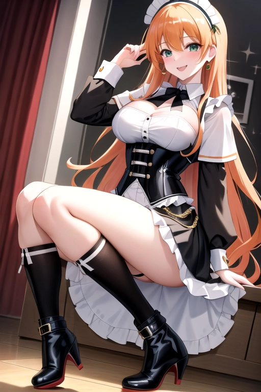 long hair, pale skin, orange hair, green eyes, black choker, giant H-cup breasts, wavy hair, white maid uniform, smiling, full body photo, 28 years old, miniskirt, cleavage, high heels, corset, 8k quality, boots, in living room