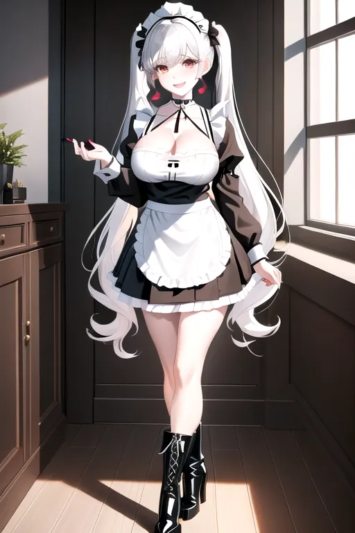 miniskirt, black maid uniform, white hair, choker, brown eyes, pale skin, giant breasts, boots, cleavage, high heels, looking at viewer, walking across room, living room, 1girl, smiling, wavy hair, 8K, Full body photo, slim body, pigtails