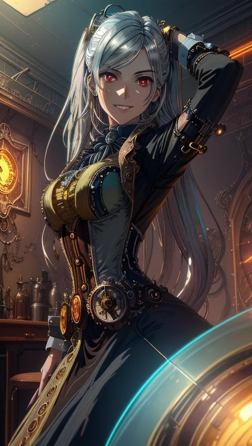 (Best quality, single frame image), (super colorful steampunk image of a young_woman with cyborg-limbs in expressive dynamic pose), (long silver hair with hair_ornaments:1.2),
(correct anatomy, slender and toned), (large red eyes looking at viewer:1.18), close up (view of cute western face with arrogant expression:1.17), beautiful thin lips (smiling smugly showing teeth:1.12),
Energetic and seductive, (colour explosion in a dreamy and faded landscape, (dynamic colours with steampunk themes) and indoor victorian_era_manor:1.25), hyperrealistic skin,
soft focus, sharp and clear image, (flat shading stylised colorful art:1.07), <lora:dpmg_add_detail:0.25>, (physically based ray-tracing, photon mapping, soft lighting:1.25), (high resolution masterpiece), cute round face, elf, perfect arms, (arms up and hands touching face)