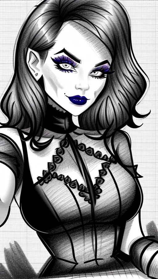 sketch of beautiful goth girl taking selfie, pencil sketch on lined paper, art, rapid pencil sketch, guide lines visible, no shading, pencil sketch of woman, pencil sketch of goth, realistic drawing, true to life, lined paper sketch,
