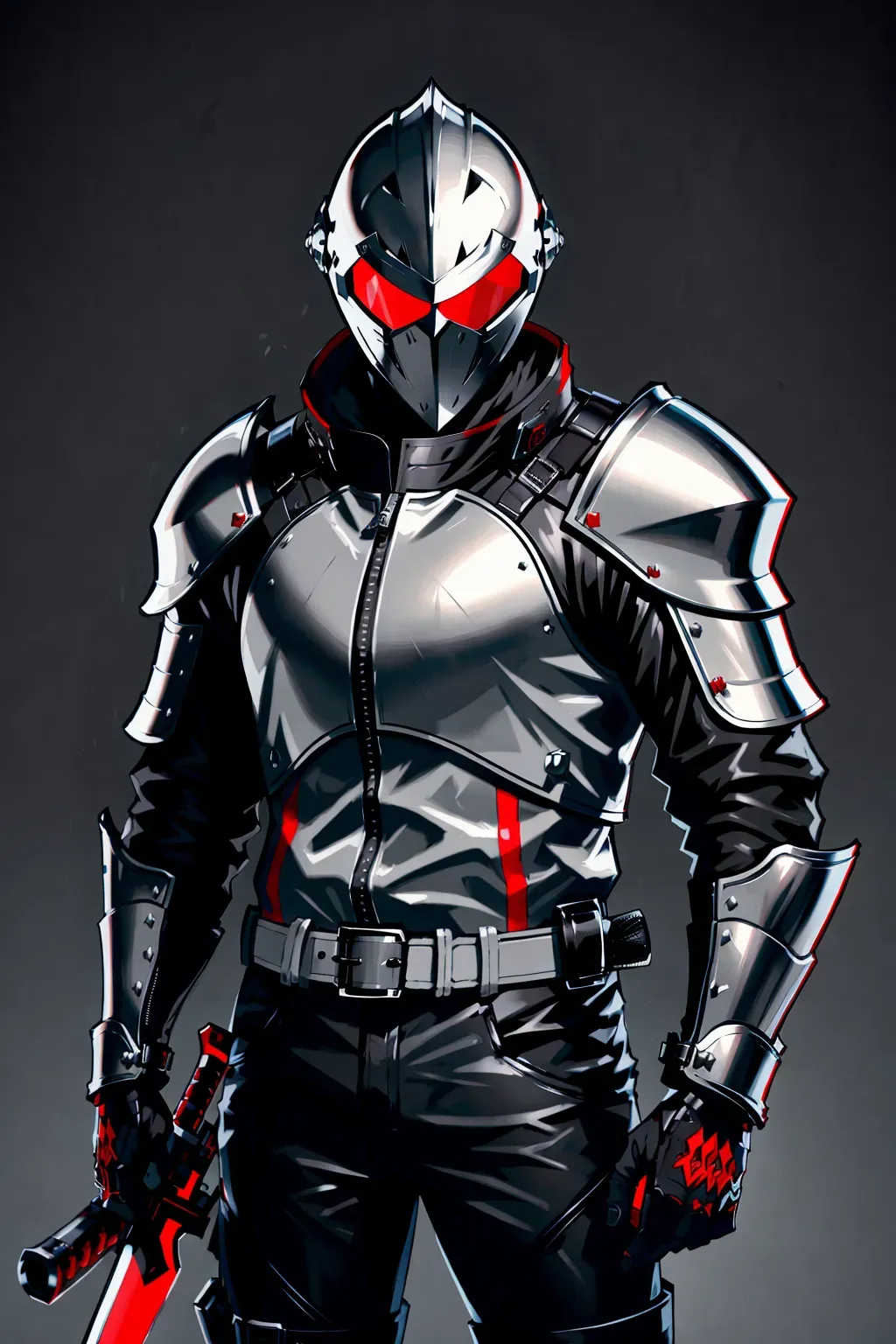Knight, full face helmet, grey leather jacket, red accents, with a sword, male, 8k wallpaper, best quality, ultra hd, global lighting, hi-resolution, high quality, highly detailed, in a city