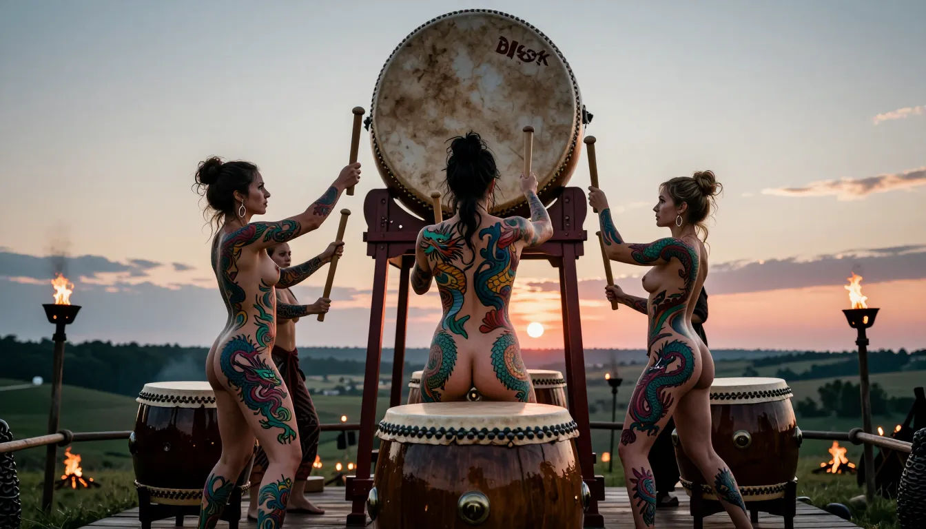 (3 hot women in a row are playing the huge taiko drums on a top of a tower in the medieval countryside after sunset). All of them are naked. (All of them have a ((huge intricate coloured tattoo of dragons covering her whole body from her shoulders to her feet))). Each woman has this intricate Dragons tattoo. All of them are holding a thick stick in each hand, They are synchronized and they are hitting their own drum with one stick in the same hand.
All of them have the same bun haircut. Athletic bodies, the muscles are highlighted by the interplay of light and shadow.
There is a different taiko for each woman.
The drums are set vertically and they are huge and tall.
(Swedish torches on the sides of the platform).
Back view.
The sun has just finished to set on the horizon. Medieval age.
Bokeh. HDR.Dozens of campfires in background. Vivid colours.