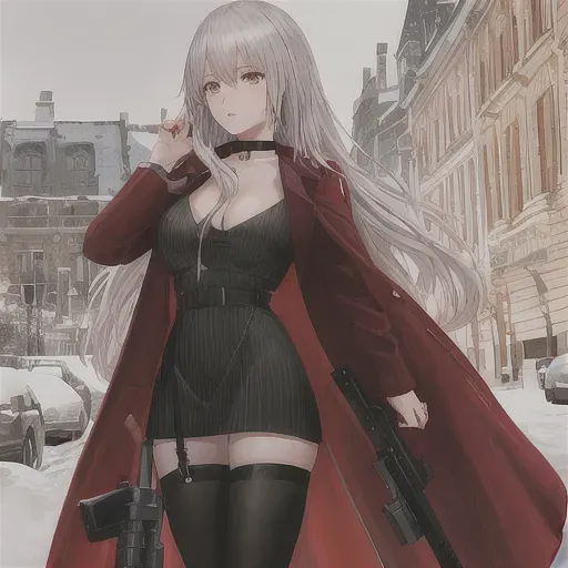 A high-quality erotic hyper-realistic photo of a short woman with long orange hair, hazel eyes, f-cup breasts, pale skin, wearing a black minidress, a red overcoat, silver earrings, a black choker and black thigh-high high heeled boots holding a rifle, full-body