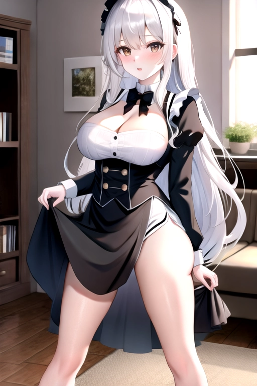 8k quality, brown eyes, pale white skin, white hair, giant breasts, cleavage, looking at viewer, pov, long hair, wavy hair, black maid uniform, high heels, miniskirt, standing in living room