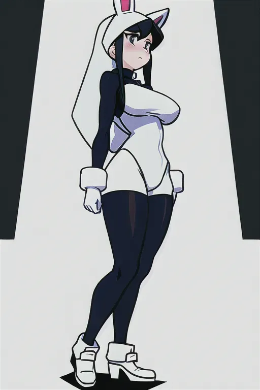 Illustration of Kim possible wearing a white furry bunny costume, perfect body, standing, hopeless, sad, holding her titswith her hands