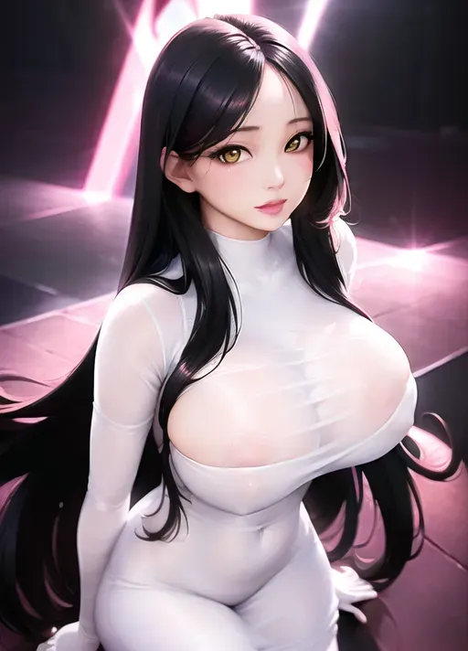 best quality, ultra high res, (photorealistic:1.4), 1girl, android, (large breasts:1.2), long black hair, yellow eyes, looking at viewer, full body, open forehead, wearing a white tight dress, transparent clothes, can see pink tits through clothing, in a bustling club, <lora:dpmg_korean_doll:0.66>