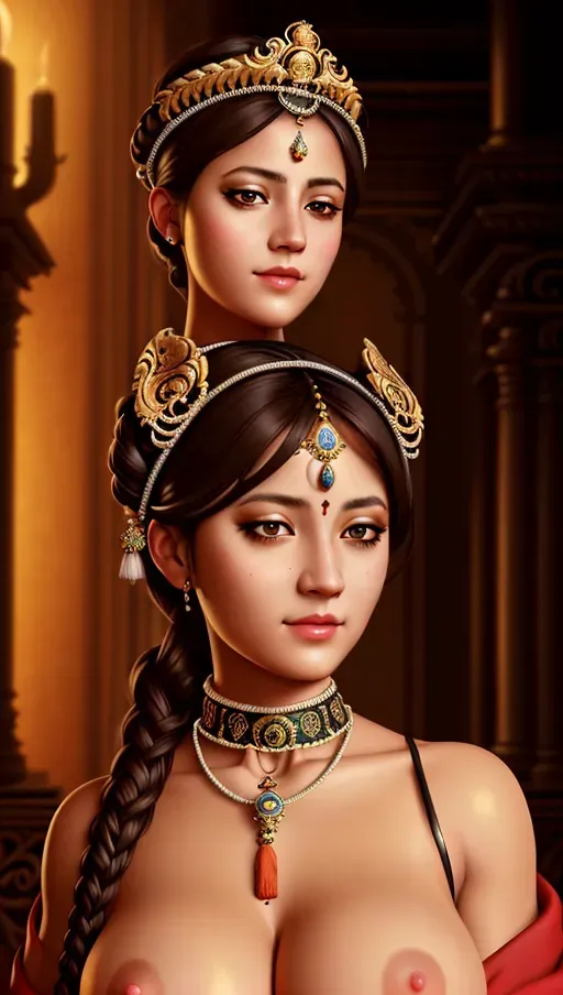 high quality, masterpiece, detailed, detailed face and eyes, realistic, 1girl, (bionic eye:0.8), (rococo architecture:1.3), tribal uniform with breasts and nipples exposed, toga, priest, digital painting, glowing grim red