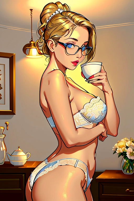The beautiful housewife of my neighbor, seduced by me, conservative christian, mild, mom, invited me over for coffee, started stripping in front of me, cute, modest, shy, aroused, dirty blonde, hair tied in a messy bun, dark eyebrows, beautiful blue eyes, thick framed glasses, cute nose, soft gount cheeks, full lush lips, round narrow chin, full curvy mom-bod figure, small breasts, thin waist, full ass, full thighs, wearing a loose frilly pink blouse over a white and gold floral bra, white and gold floral waist high panties, laying down on her back, in her living room, she is bringing me a cup of coffee with her left hand, her right hand is in her panties rubbing her crotch, she is wanting me to fuck her real bad, ((high definition)), ((4k quality)), ((excellent lighting)), ((great shading)), ((pristine detail)), ((really clear picture)), ((beautiful vibrant colors)), ((accurate at lower prompt guidence)), ((ultra realistic)), (((five fingers per hand))), (((two arms per person))), (((two legs per person))),