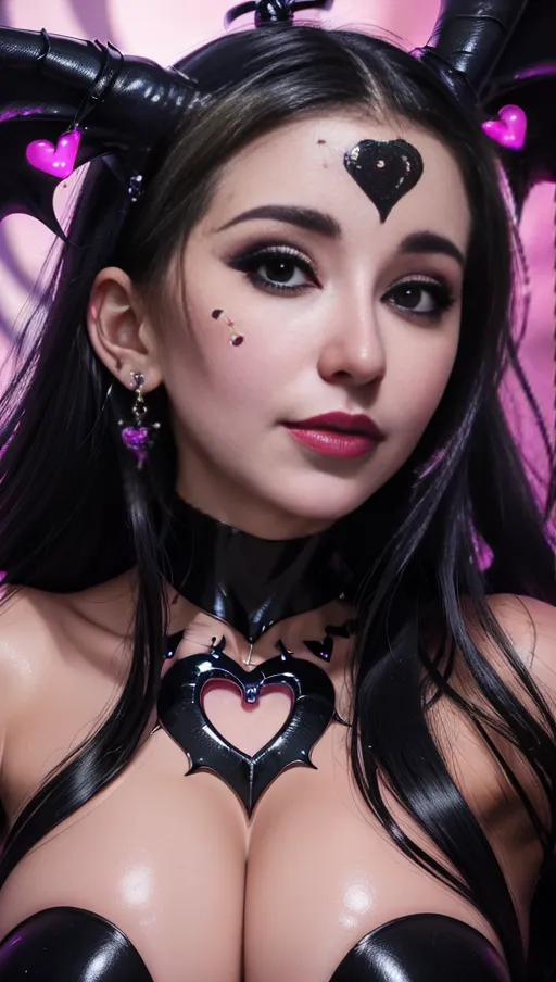 best quality, (((ultra high res))), (detailed face and eyes), hearts, perfect face, big choker, earrings, jewelry, glowing heart, heart necklace, ((((big heart pasties)))), ((black hair)), ((((succubus)))), dark background, ((very giant tits)), ((symbiote girl)), ((female symbiote transformation)), ((symbiote goo)), face closeup, ((((claws)))), ((((face closeup)))), corruption