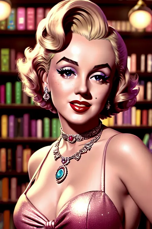 a digital art of,marilyn monroe,wearing willy wonka,dancing,at the bookstore,five fingers per hand,updo hair,beautiful face,beautiful lips,detailed large eyes,curved eyebrows,curved eyelid,satisfaction,wearing necklace,editorial,sharp focus,cgsociety,bokeh,cinematic lighting