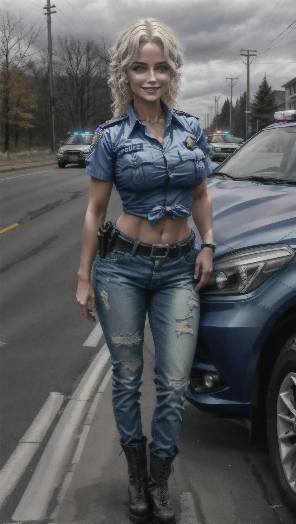 A beautiful caucasian woman smiling at the viewer. She has a very big smile. She is facing the viewer. She has massive breasts. She is a police officer. She is a short sleeve shirt. She is wearing combat boots. She is wearing dark jeans. She has platinum blonde hair. Her hair is very long. Her hair is very wavy. She has a very narrow waist. She has an extreme hourglass figure. Zombie apocalypse. Standing on side of the road. Gloomy weather. Leaning on police car. <lora:dpmg_add_detail:1>