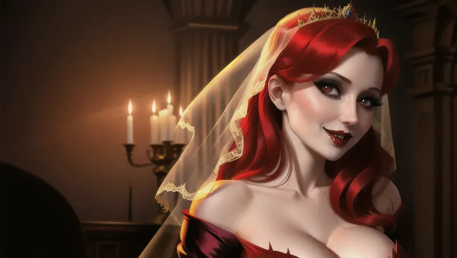 medium shot of the sexy vampire vixens of Dracula hungerly at an erotic party with their redheaded hypnotized innocent victim. Drinking, dancing, kissing her lips, her neck, her breasts, seducing their hypnotized victim, placing upon her head a shadowy veil. on a foggy moonlit night in the shadowy ballroom of a decerped old castle. Beautiful redhead still human victim early mid-thirties moderate breasts good sweet innocent, big soft round eyes, warm smile Anna of Arendelle in an elegant Nordic ballgown.
photorealistic. High resolution