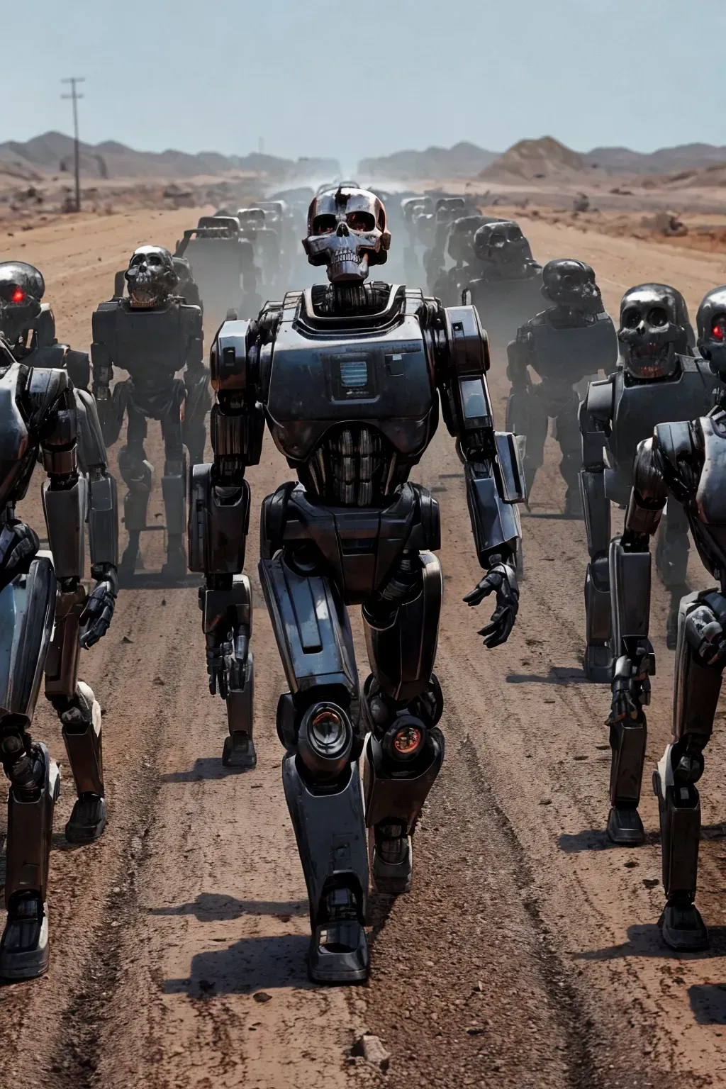 Hundreds of, Terminator robots, walking on scorched Earth, with human skulls on the ground