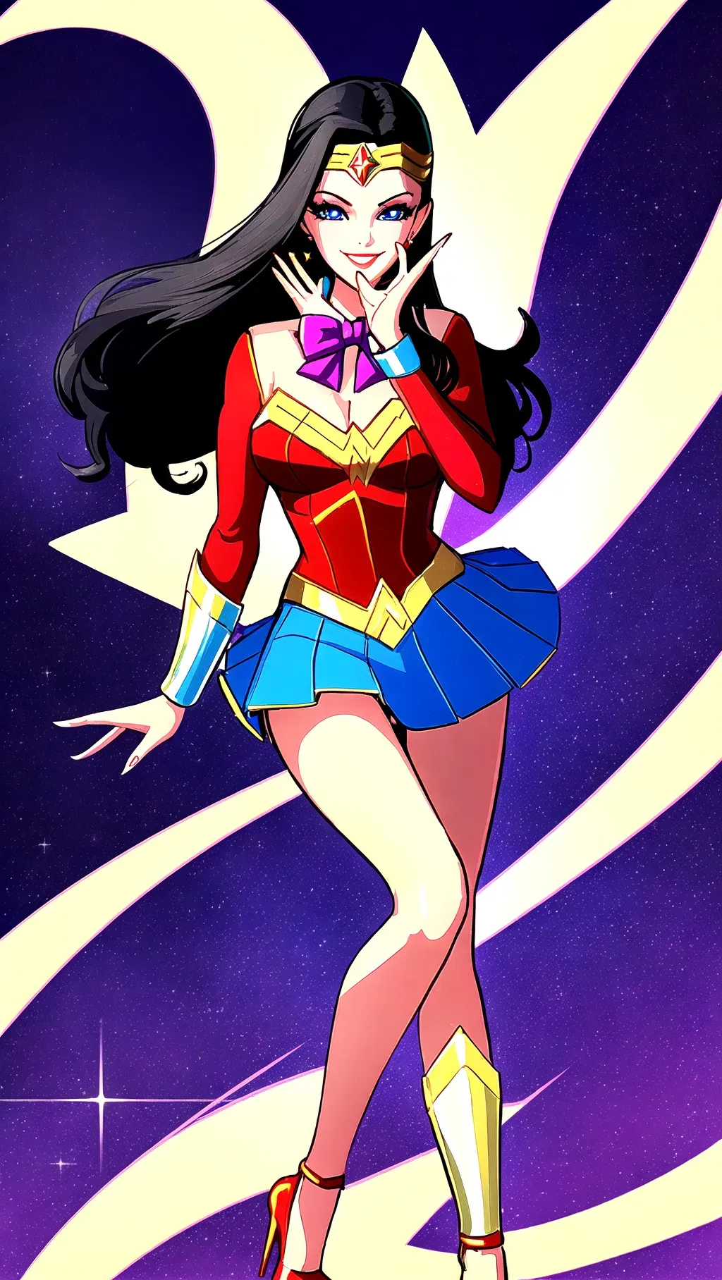 digital art of Lynda Carter drawn as Wonder Woman, she has a bow tie in her long black hair, with elegant long legs, mini skirt, stiletto heels, and happy smile, she has soft lips and detailed sparkling blue eyes, intricate hands, the background setting is night time moonlight, detailed hands