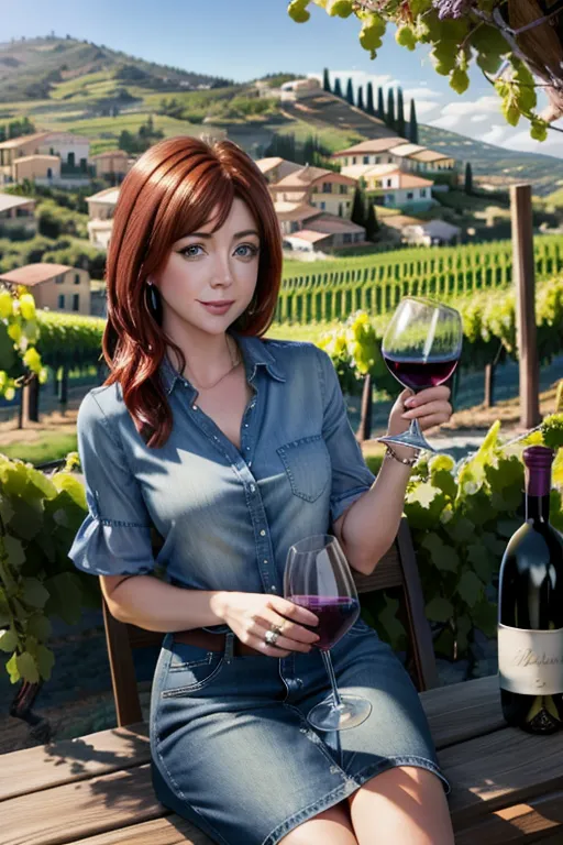alyson hannigan. Blue blouse, jean skirt.
Holding a glass of wine, sitting outside at a winery. Italy. view of the ocean. Trees. Grape vine farm.
Mouth open, drinking wine.
Noon
(((Fully clothed)))
<lora:dpmg_add_detail:0.5>, (best quality),
beautiful, (((masterpiece))),(high resolution), (uhd), (8k)
